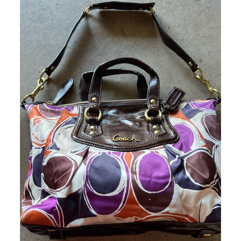 Vintage COACH Ashley Scarf C's Print LARGE Satchel Purse Bag Orange Purple - Picture 8 of 14